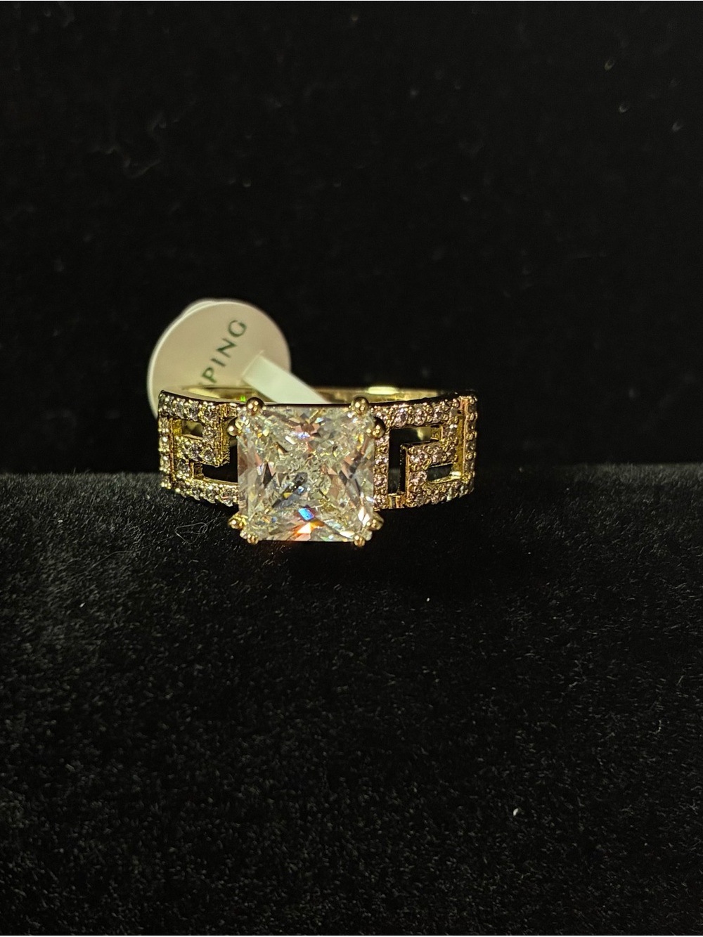 Gold-Tone Princess-Cut CZ Statement Ring with Pavé Accents